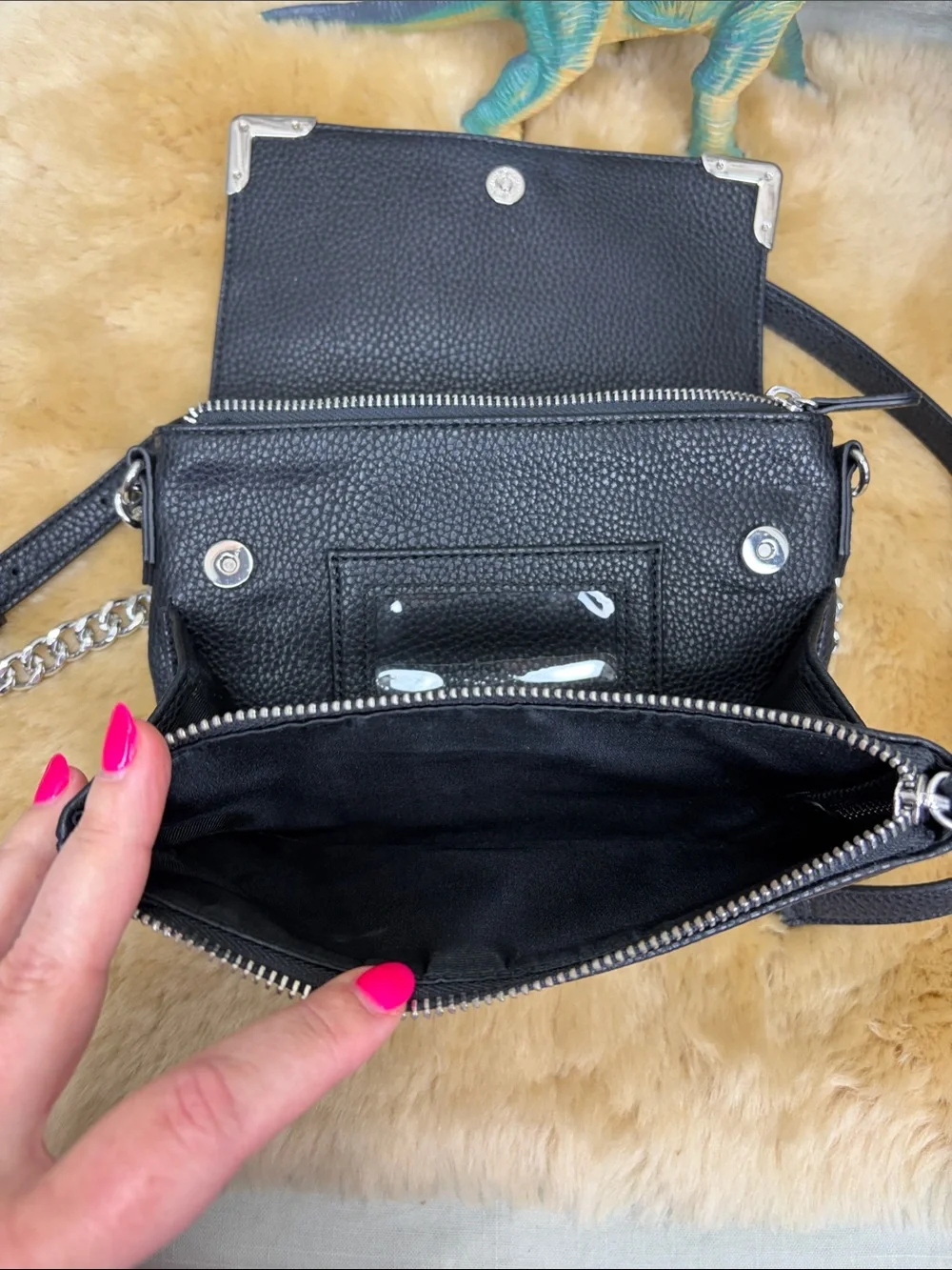 White House Black Market Black Crossbody Bag with Black Suede, Floral Embroidery